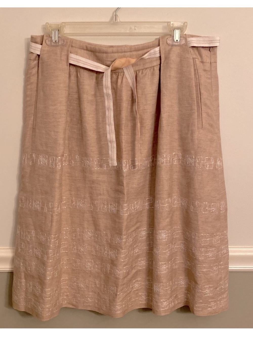 NIC + ZOE Tan Beige Linen Embroidered Skirt with Ribbon Tie Waist Size 12